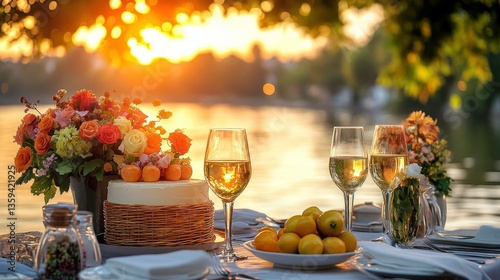 Golden Hour Feast: Lakeside Dining with Cake and Wine