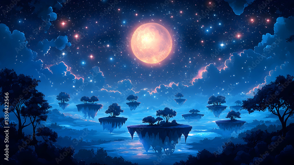 Obraz premium A serene nightscape with floating islands under a luminous moon surrounded by starry skies and dreamy clouds in calming