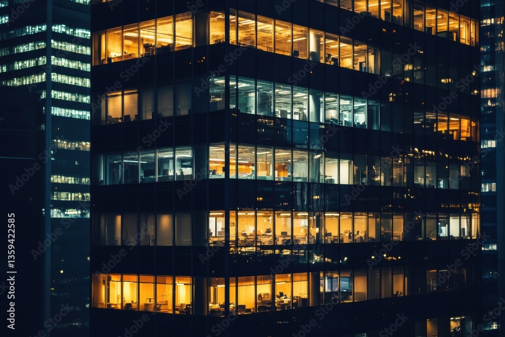Fototapeta premium Office building with illuminated windows at nighttime