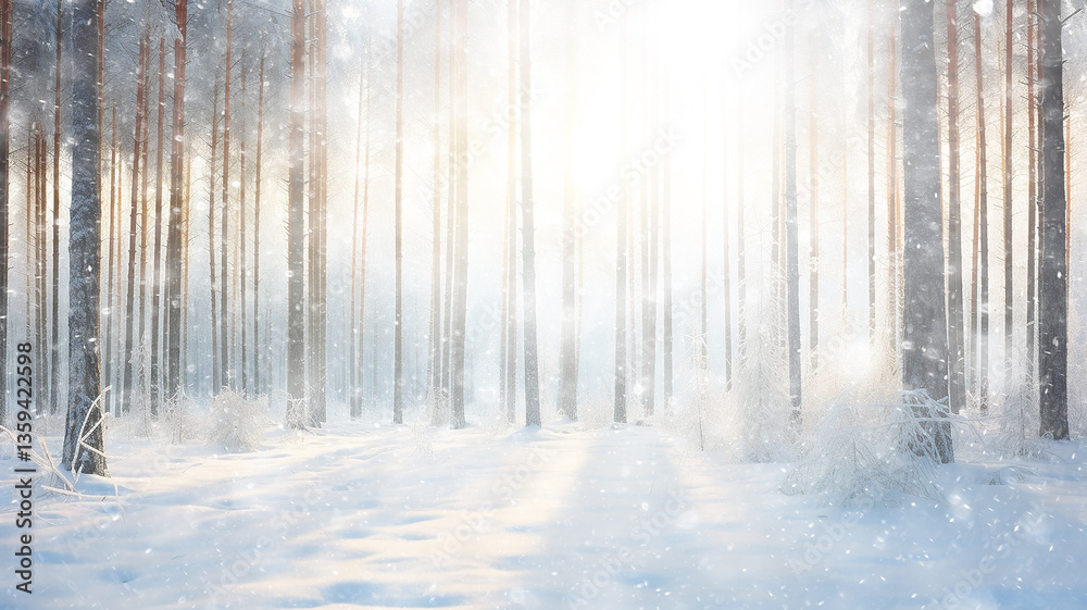 Fototapeta premium snowfall in the morning misty forest, landscape wildlife of winter, sun rays between the trees, seasonal calendar abstract background copy space December or January