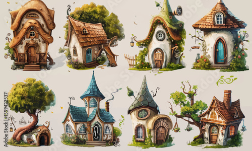 An enchanting collection of whimsical fairy tale cottages and magical forest elements, ideal for game design and theme design