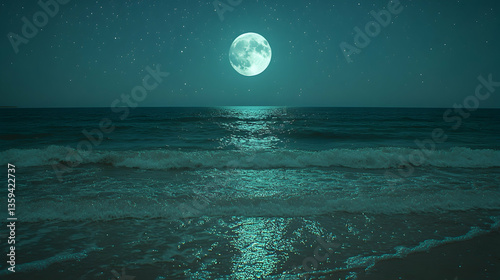 A serene ocean at night illuminated by a full moon and twinkling stars with waves gently lapping at the shore
