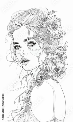 adult coloring pages, Fashion and Beauty, white background, line art