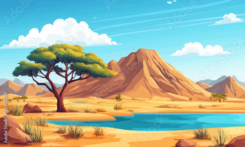 African savannah desert with sand surface, rock mountains, blue water in lake or river, green acacia tree and sunny sky with white clouds