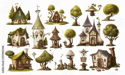 An enchanting collection of whimsical fairy tale cottages and magical forest elements, ideal for game design and theme design