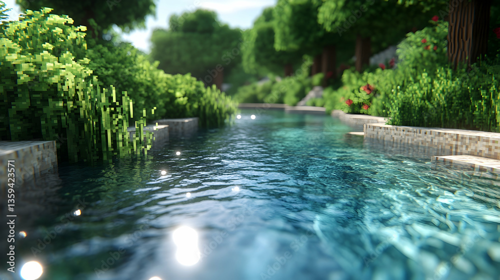 Fototapeta premium A serene river flows through pixelated banks bordered by lush greenery and vibrant red flowers in a blocky stylized la