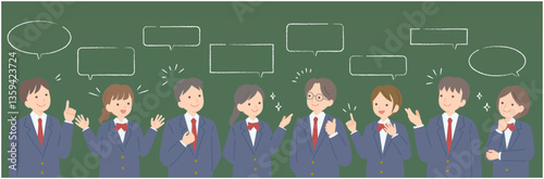 様々な意見を出し合う学生の男女のイラスト（黒板）
