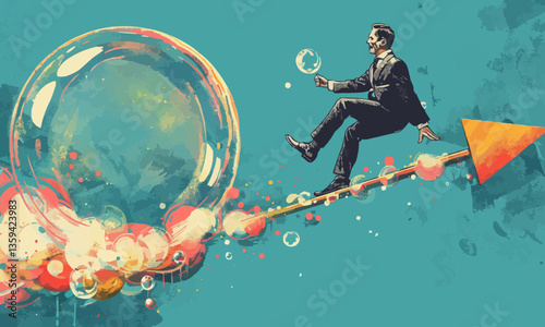 Businessman trying to pop bubble on ascending arrow