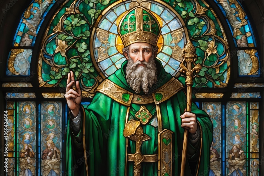 Fototapeta premium Stained glass depiction of St. Patrick, holding a bishop's staff, with shamrocks.