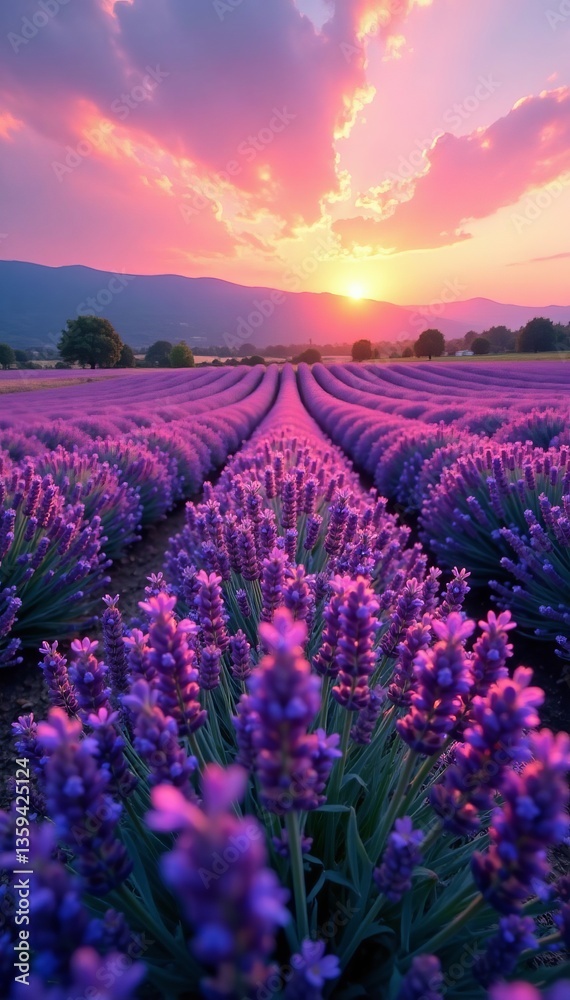 Obraz premium Vibrant lavender field under pastel sunset sky, nature, field, purple