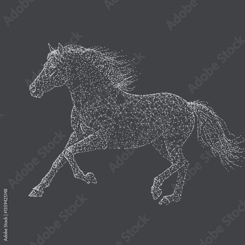 A majestic horse gallops gracefully across a textured dark background, showcasing its strength and beauty in motion with flowing mane and tail.