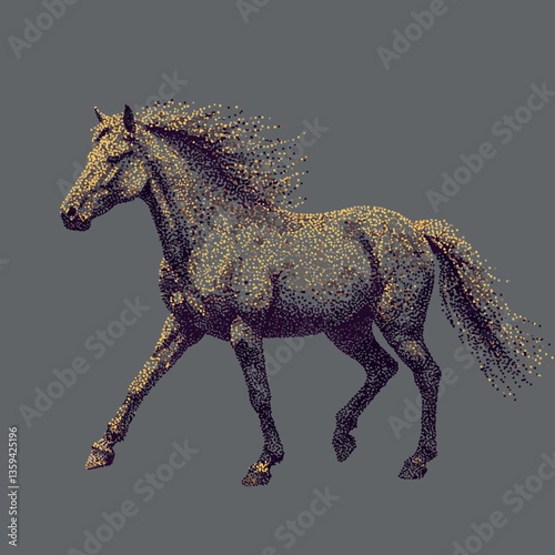 A majestic horse trotting gracefully, showcasing its powerful physique and flowing mane against a subtle grey background, embodying strength and elegance in motion.