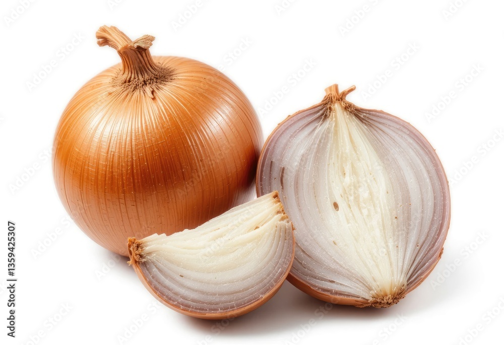 Fototapeta premium Golden Onion Still Life Showing Whole Half and Wedge on White