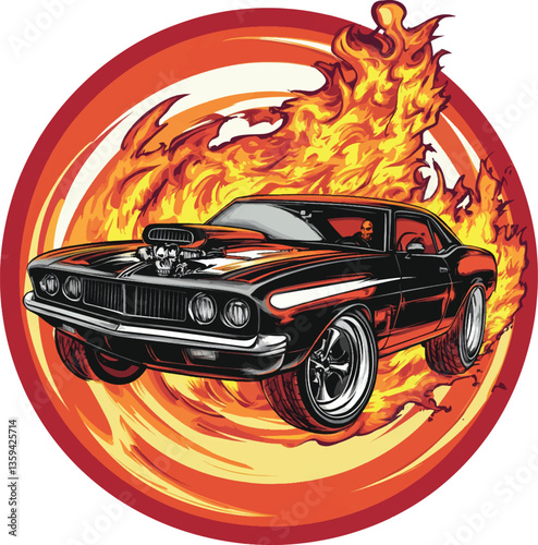 An isolated ghostly skull driving a flaming muscle car, Vector, PNG, T-shirt Design