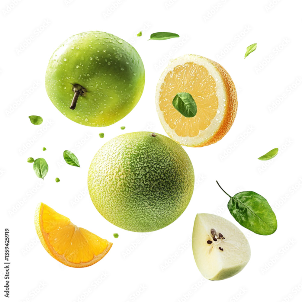 Fresh Fruit Collage Green Apple Orange Lemon Quince Vibrant Colors