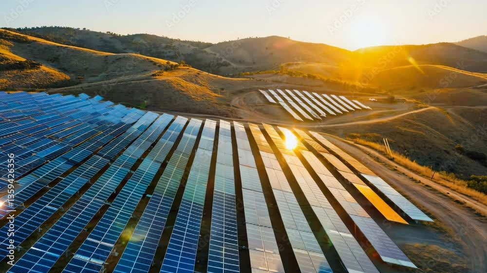Sunrise over solar farm illuminating renewable energy progress in mountainous landscape with rows of solar panels capturing sunlight
