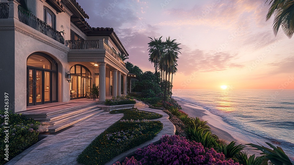 Obraz premium Elegant oceanfront mansion with a terraced garden leading to the beach, soft pastel skies at sunset, wide-angle perspective, serene and opulent atmosphere 