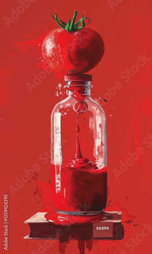 a bottle of ketchup and a juicy tomato with juice flowing into the bottle.