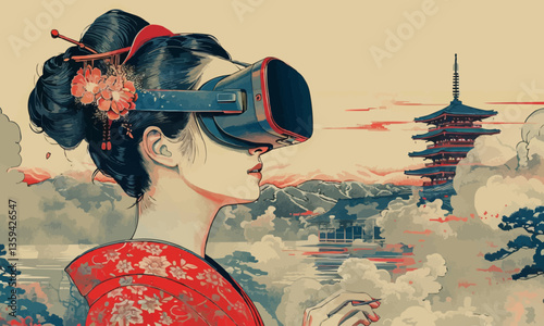 Classical Japanese Illustration of a Geisha Using a VR Glasses