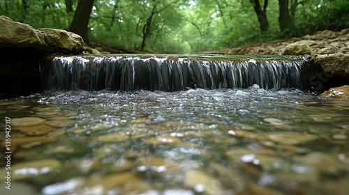 A small waterfall tumbles over rocks in a creek Green trees and vegetation line the banks in the background