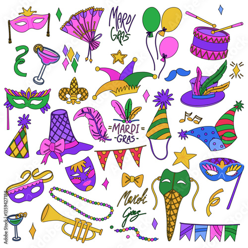 set of colored doodles for the Mardi Gras celebration. They are suitable for the decoration of holidays, events, promotional materials and goods related to the celebration of carnival. lines and color