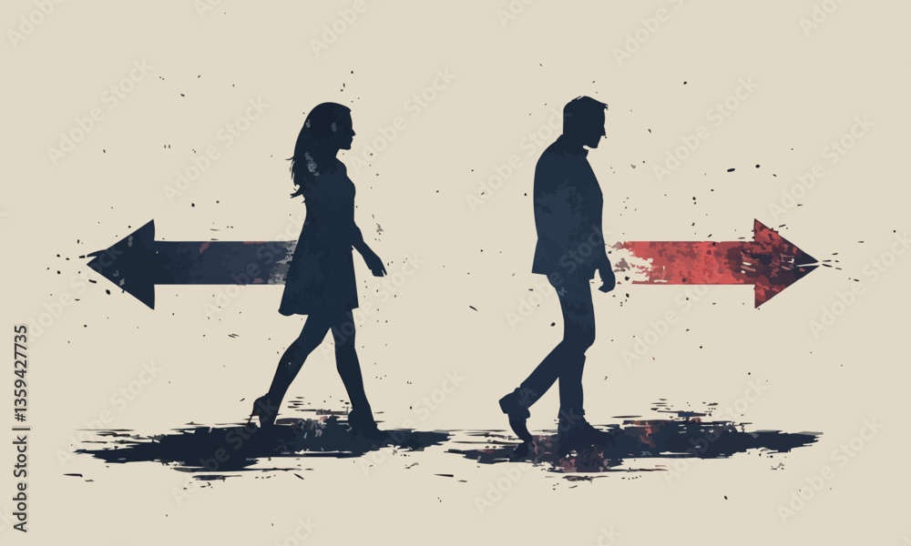 Fototapeta premium Couples with opposite arrows walking away from each other