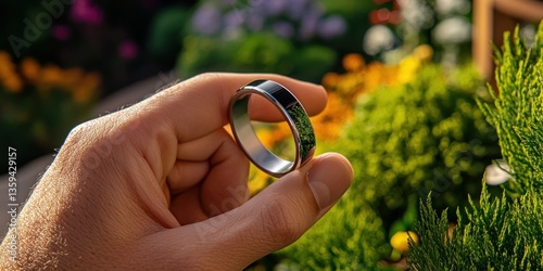Obraz na płótnie Wedding rings on the grass held by the groom with a natural background w salonie