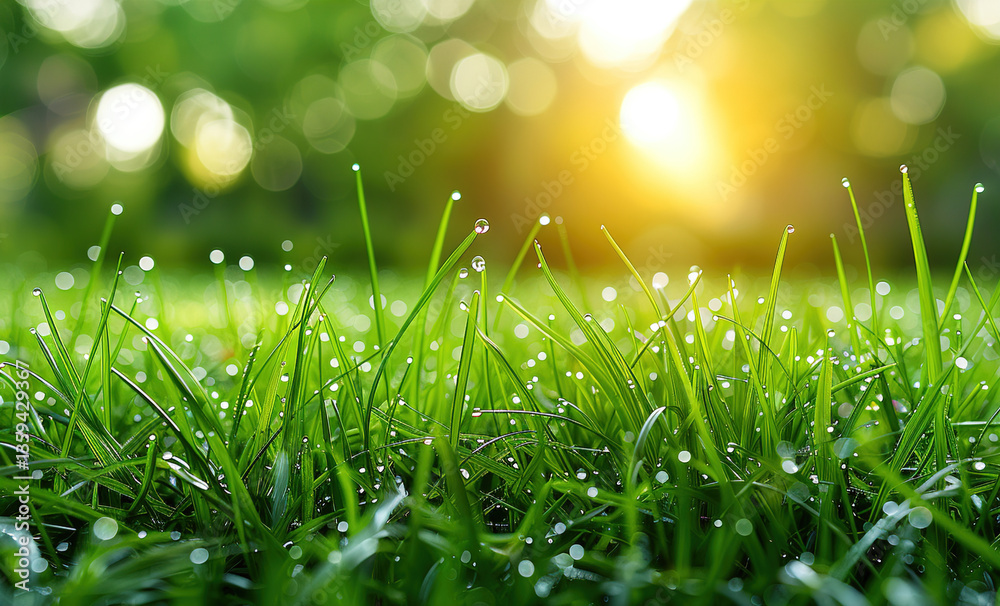 Close-up of vibrant green grass with dew drops reflecting soft morning sunlight, showcasing freshness Close-up of vibrant green grass with dew drops reflecting soft morning sunlight, showcasing freshness