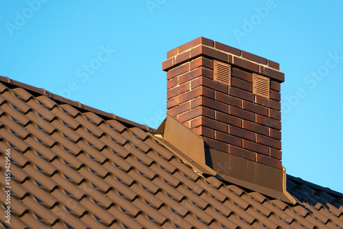 Brick chimney on the roof and blue sky