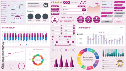 A set of modern interface elements for business applications and websites: buttons, charts, menus, graphs, and other interactive components for easy navigation and analytics.