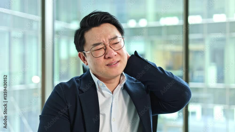 Stressed Korean businessman has neck pain in a modern office. Exhausted Asian man massages his neck. Male entrepreneur in glasses feels uncomfortable at work. Stressed Korean businessman has neck pain in a modern office. Exhausted Asian man massages his neck. Male entrepreneur in glasses feels uncomfortable at work.