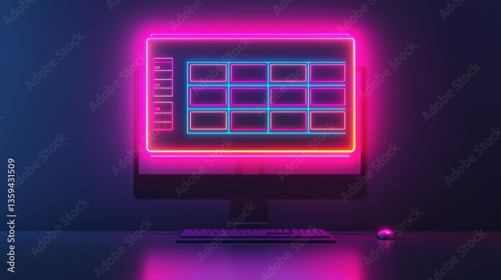 Productivity Tools task remote concept. Neon computer screen with glowing interface elements and keyboard. Productivity Tools task remote concept. Neon computer screen with glowing interface elements and keyboard.