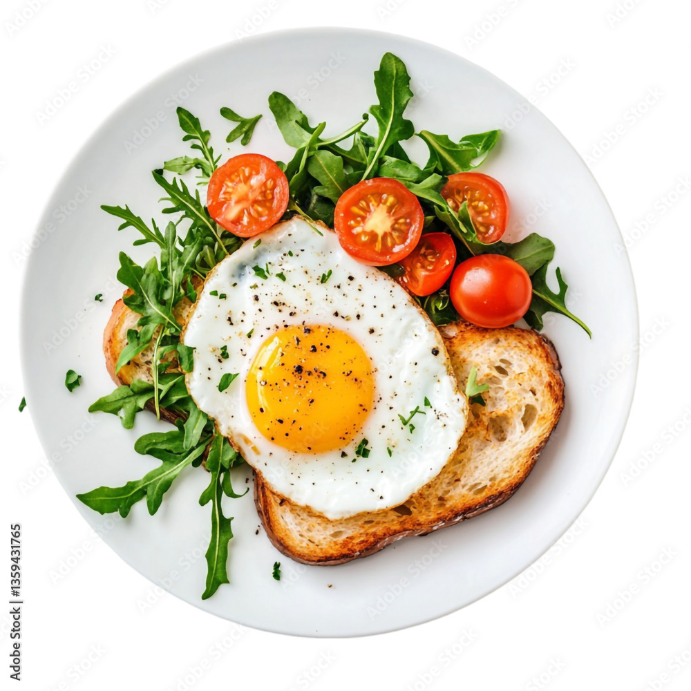 Sunny side up egg on toast with arugula and cherry tomatoes a delicious breakfast