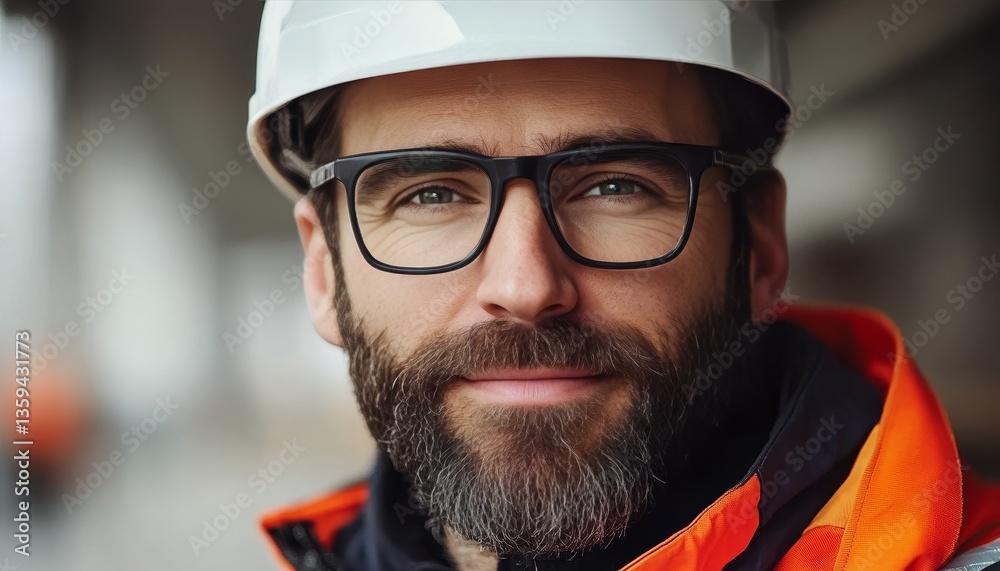 Fototapeta premium Portrait of a Confident Construction Worker Wearing a Hard Hat and Safety Glasses. Close-Up