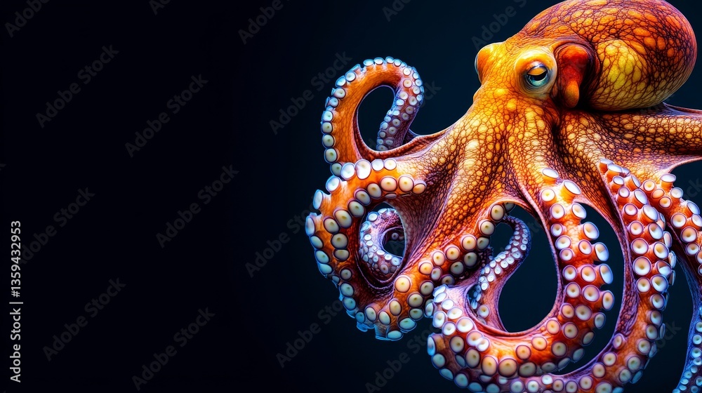 Obraz premium Vivid, Colorful Octopus on Black Background, Close-Up Portrait With Detailed Tentacles.