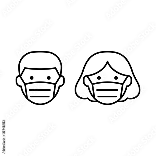 Man and woman face with mask icon symbol, Concept for flu sickness and wearing medical mask to prevent the spread of virus germs, Isolated on white background, Outline design vector illustration
