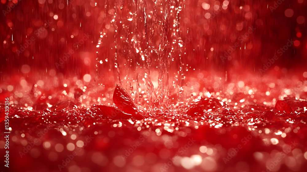 Crimson Cascade: An ethereal display of water falling and reflecting vibrant red hues creates an abstract composition, with droplets suspended mid-air over a bed of petals