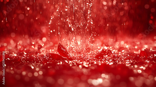 Obraz na płótnie Crimson Cascade: An ethereal display of water falling and reflecting vibrant red hues creates an abstract composition, with droplets suspended mid-air over a bed of petals w salonie