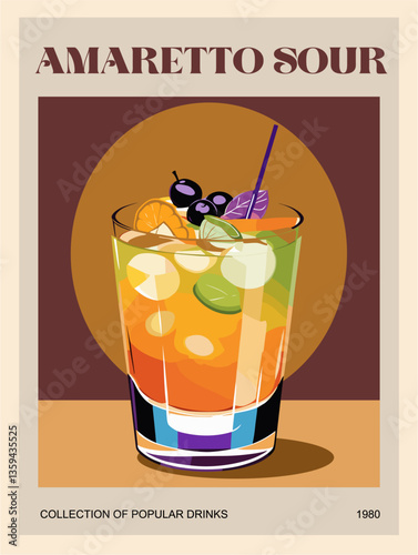 Amaretto Sour Cocktail retro poster. Popular alcohol drink. Vintage style flat vector illustration for bar, pub, restaurant decoration, kitchen wall art print.