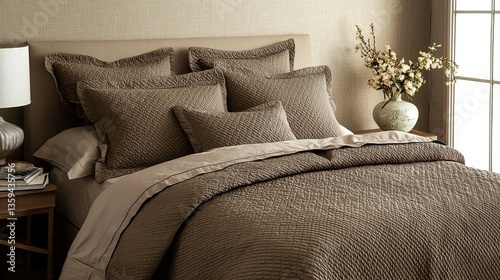 Cozy brown bedding set enhances a serene bedroom atmosphere with elegance