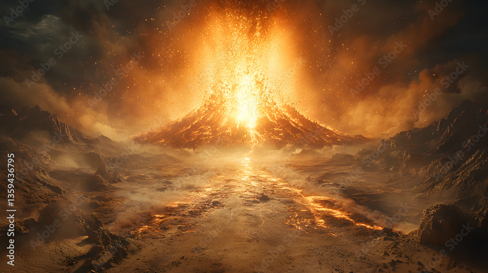Fototapeta premium Volcanic Eruption: Witness the raw power of nature as a volcano erupts in a display of fiery orange hues, spewing ash and lava into the sky, shaping a dramatic landscape.