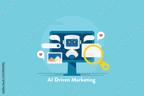Robot on computer screen, accomplish marketing task with agentic ai, autonomous technology. Collecting information and data driven decision making.