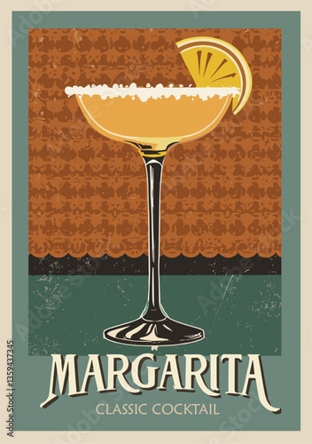 Margarita Cocktail retro poster. Popular alcohol drinks. Vintage style flat vector illustrations for bar, pub, restaurant decoration, kitchen wall art print.