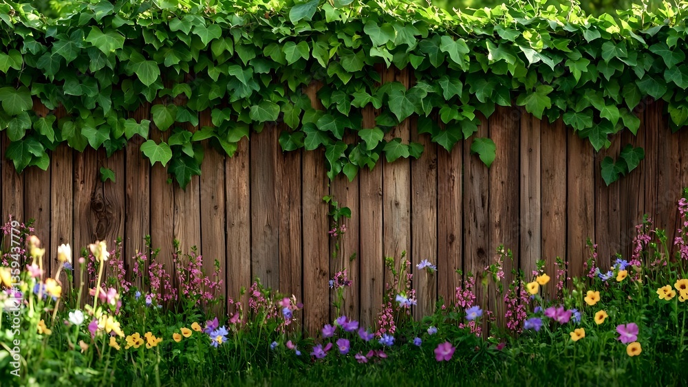 Fototapeta premium A wooden fence covered in ivy, with colorful flowers blooming at the base, set against a green grass background. Concept Wooden Fence, Ivy Coverage, Colorful Flowers, Green Grass Background