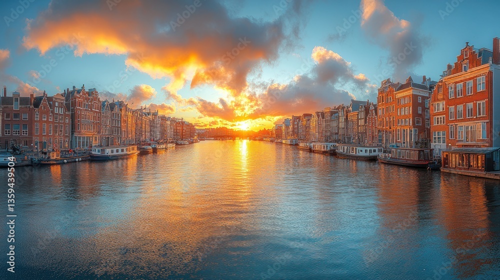 Fototapeta premium Amsterdam Canal Sunset: A Golden Hour Panorama