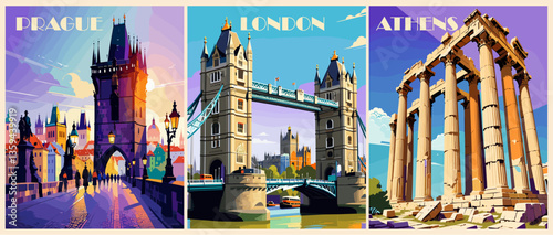 Set of Travel Destination Posters in retro style. Prague, London, Athens digital prints. Europian summer vacation, holidays concept. Vintage vector colorful illustrations.