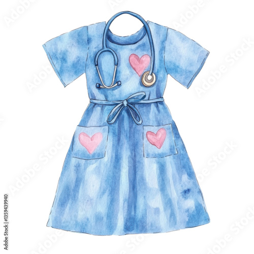Watercolor nurse uniform dress with stethoscope, blue medical scrub gown illustration for healthcare branding and prints isolated on Transparent Background