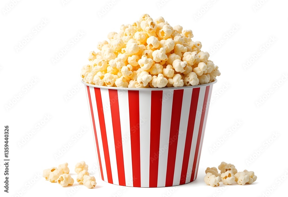 Popcorn bucket with a mix of large and small kernels, isolated on a white background, light shining off the popcorn for a glossy effect, bucket of popcorn on white background Popcorn bucket with a mix of large and small kernels, isolated on a white background, light shining off the popcorn for a glossy effect, bucket of popcorn on white background