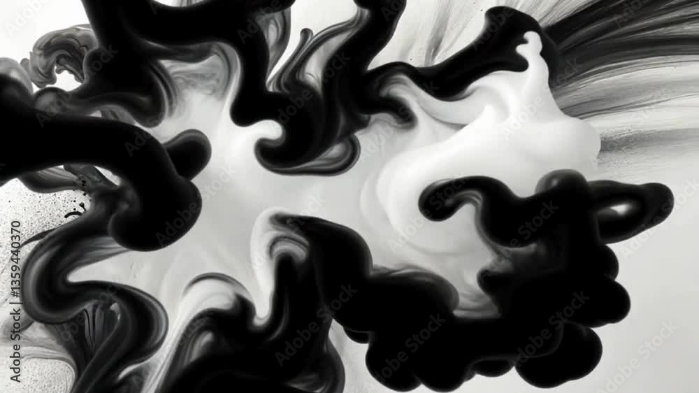 A high-contrast black and white ink explosion, creating dramatic shadows.