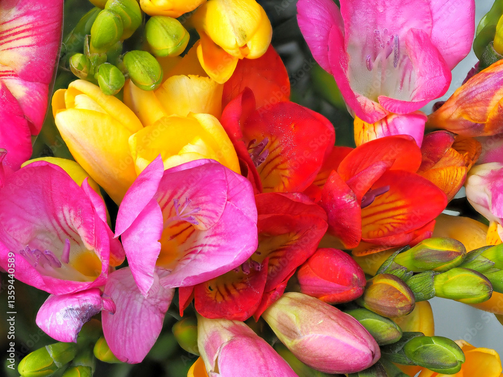 Fototapeta premium Top view close-up of a vibrant bouquet of flowers, pink, yellow, and red colors with green buds and stems visible. Patterns of the petals make the image appealing due to the variety of colors.